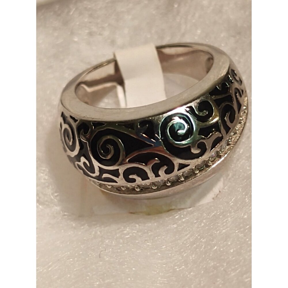 Sterling Silver 925 Women's Size 6 Ring Zirconia & Enamel Scrolled Design NEW